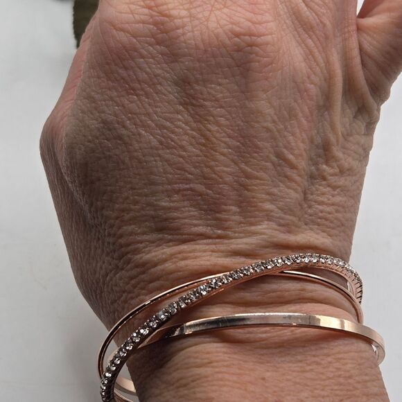 "5/$25" Rose Gold Rhinestone Jewelry Set, 2 Bracelets/Hoop Earrings - Picture 5 of 9